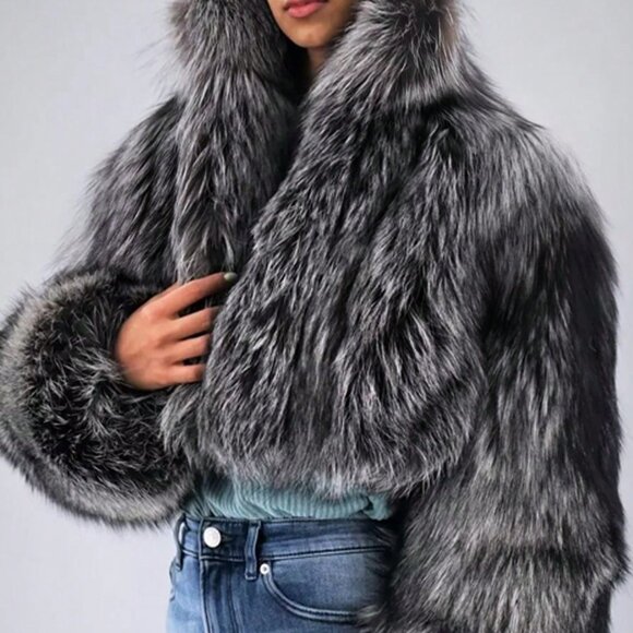 Black & White Casual Womens Faux Silver Fox Gradient Long Sleeve Faux Fur Jacket - Picture 2 of 3